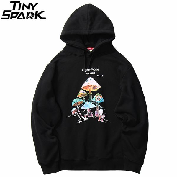 

men hip hop streetwear rainbow mushroom hoodie sweatshirt fleece winter harajuku hoodie pullover cotton hooded sweatshirt 201013, Black