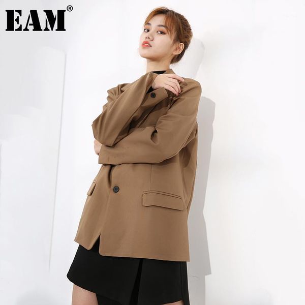 

eam] women khaki brief temperament blazer new lapel long sleeve loose fit jacket fashion tide spring autumn 2021 1da309041, White;black