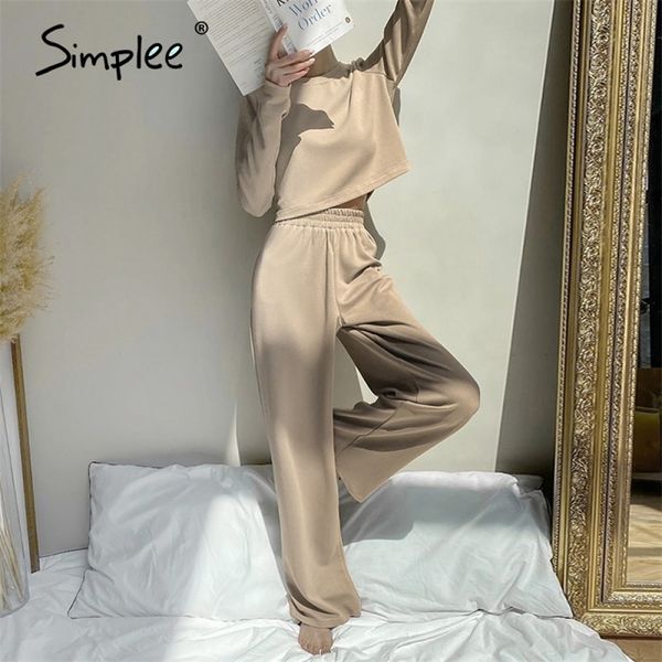 

simplee solid color casual women's two piece loose women's casual cosy suit daily home style women's long sleeve suit autumn, White