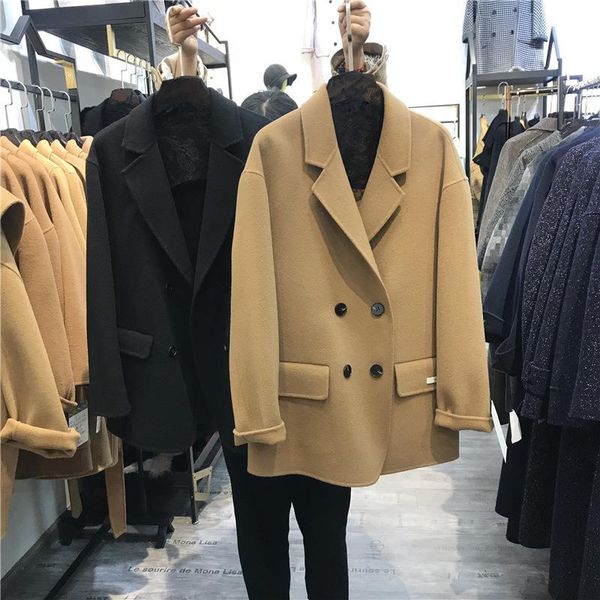 

women's wool & blends double faced cashmere overcoat middle long haining autumn winter row mouth suit women, Black