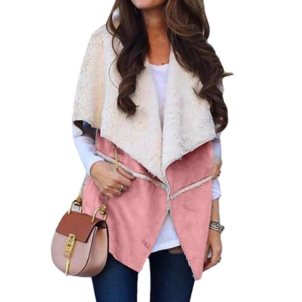 

women's vests woman vest big-turn down collar fleece waistcoat female coat solid autumn winter cardigan outerwear sleeveless jacket wom, Black;white