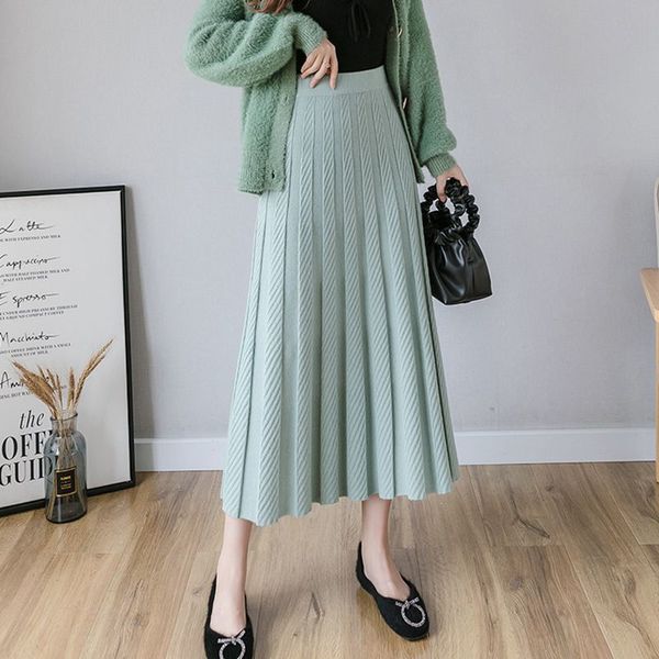 

bygouby long women knit maxi skirt autumn winter warm drape soft knitted skirt high waist a line pleated skirts 1014, Black