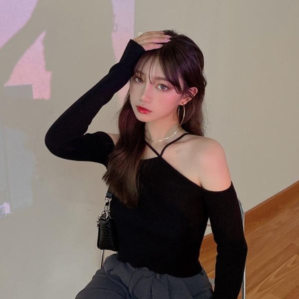 

women's sweaters autumn winter clothes women club slash neck long sleeve knitted off shoulder black crop hipster pullovers, White;black