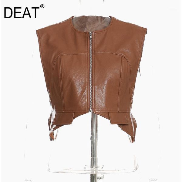 

deat 2021 autumn / winter personality vintage round collar irregular short solid cardigan pu vest leather coat 7b03051, Black;white