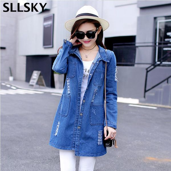 

sllsky plus size 5xl denim jacket women 2021 new spring autumn fashion long sleeve jeans coat casual ripped denim jacket, Black;brown