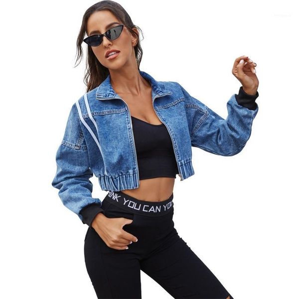 

women slim lapel collar denim jacket long sleeves casual zipper short jean coat e56b1, Black;brown