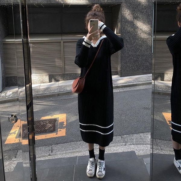 

korean hooded sweater woman dress striped patchwork straight dresses slim loose casual work party women clothing autumn winter, White;black