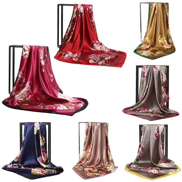

fashion silky square scarf women's vintage floral print head large shawl wraps, Blue;gray