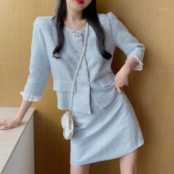 

fall winter elegant skirt suit 2020 new fashion tweed two piece set women crop mini skirt set two piece outfits1, Gray