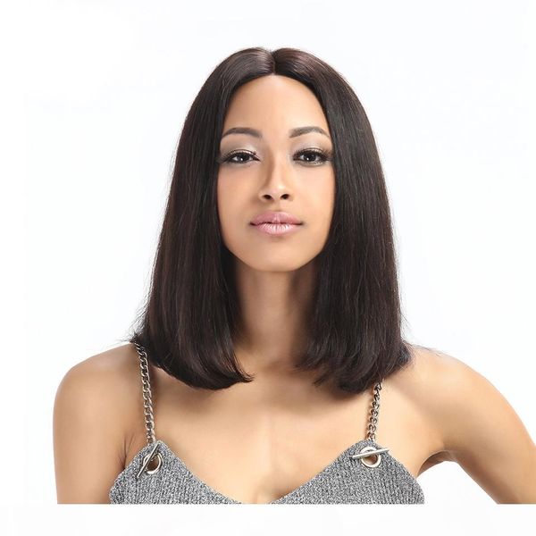 

human hair wigs with front full lace brazilian natural straight for white women medium bob 130 150 180density pre plucked bleached knots, Black;brown