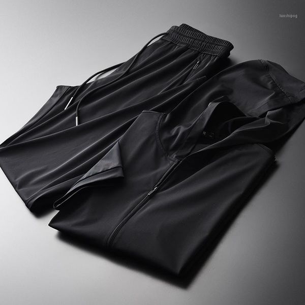 

new summer men sets (jacket+pants) luxury hooded zipper short sleeve jacket mens sets plus size 4xl slim man with pants1, Gray