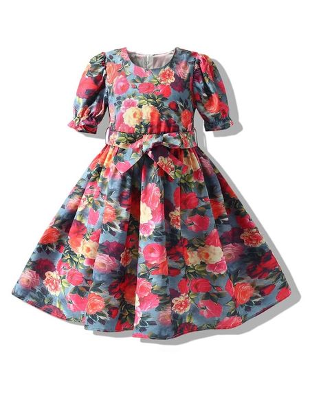 

toddler girls floral print belted dress she01, Red;yellow