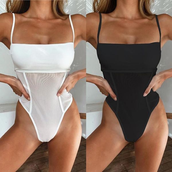 

women's swimwear women one piece solid color mesh sling swimsuit push up beachwear bathing swimming suit female bodysuit monokini1, White;black