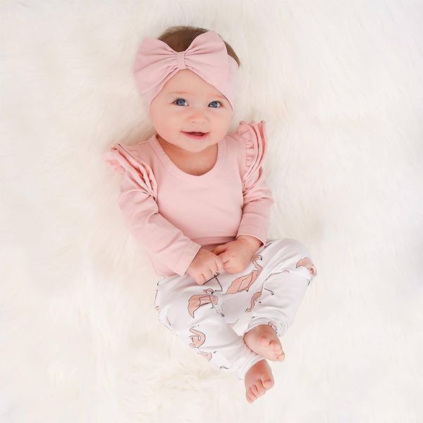 

newborn infant clothing autumn baby girl clothes set pink ruffle long sleeve cartoon flamingo pants headband 3pcs outfits 1021, White