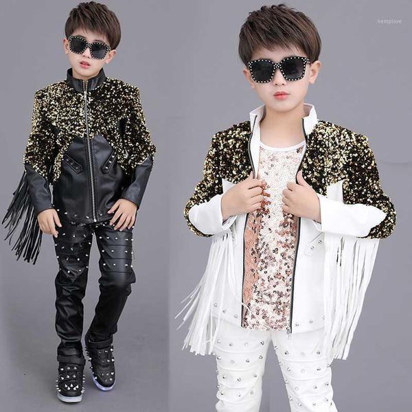 

hip hop costume boys fashion sequin fringed coat jazz performance clothing street dancewear kids modern dancing outfits dn49741, Black;red
