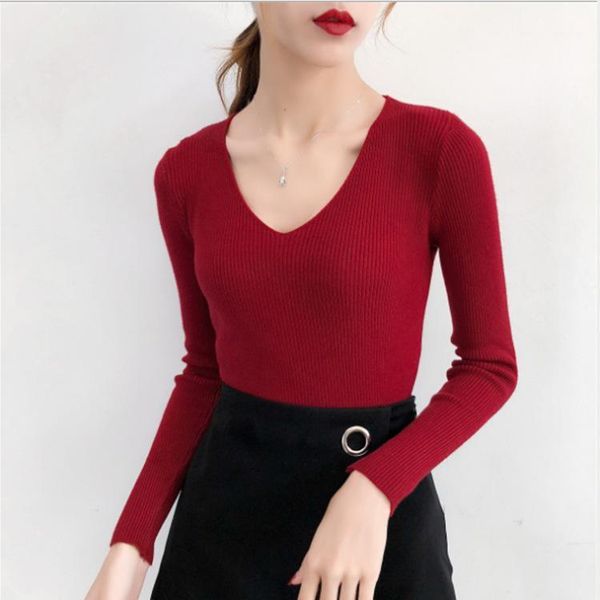

women's sweaters korean style v-neck slim fit all-match short solid color long sleeve pullover bottoming sweater women autumn casual kn, White;black