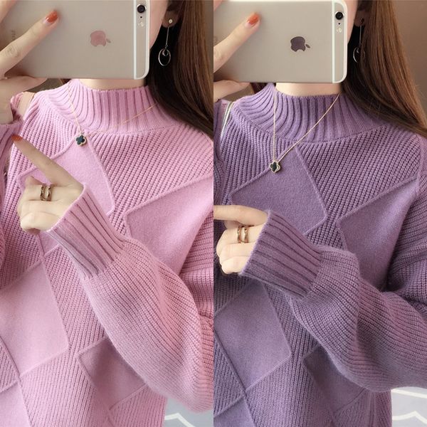 

half high sweaterdiamond sweater collar solid color knitted sweater for women's wear early autumn 2020 new korean loose long sleeve dia, White;black
