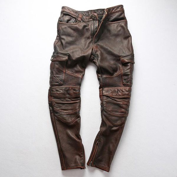 

factory 2020 new men vintage gray tooling multi-pocket cow leather motorcycle leather pants fashion pleated rider biker pants1, Black