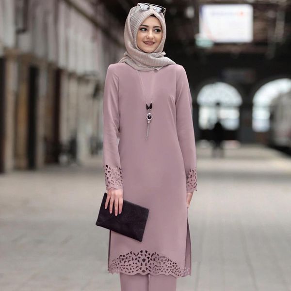 

middle east muslim womens long-sleeve dress turkey arabic islamic solid plain burn out knee length dresses side split, Black;gray