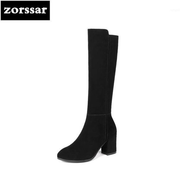 

{zorssar} 2020 new fashion women snow boots winter warm plush thigh high boots cow suede high heels women knee1, Black