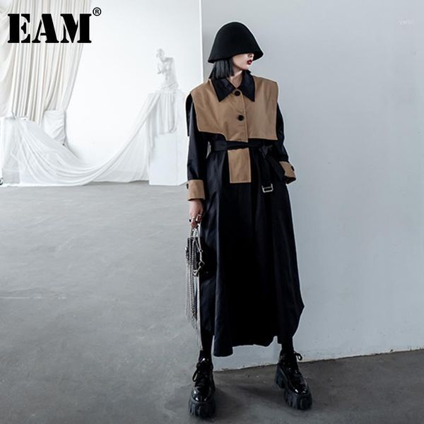 

eam] women contrast color big size long trench new lapel long sleeve loose fit windbreaker fashion spring autumn 2020 1da9561, Tan;black