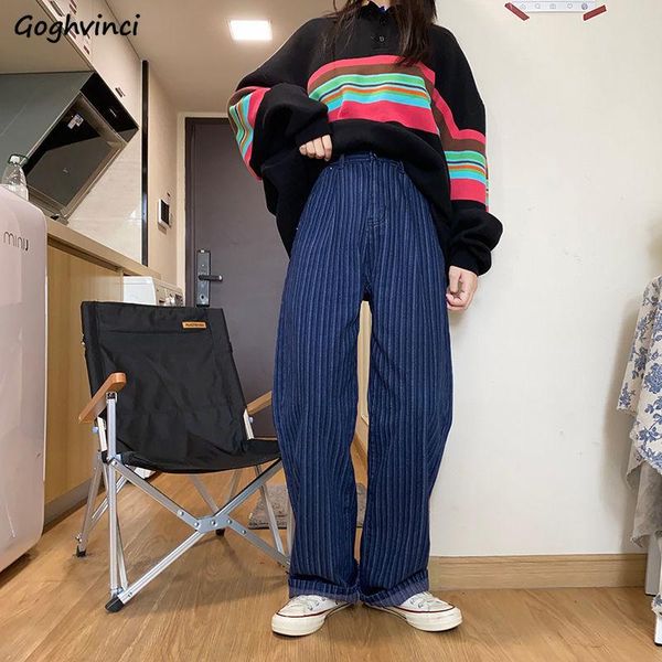 

jeans women stripes loose high-waist straight mopping denim trousers causal fashion street-wear vintage all-match ulzzang daily, Blue