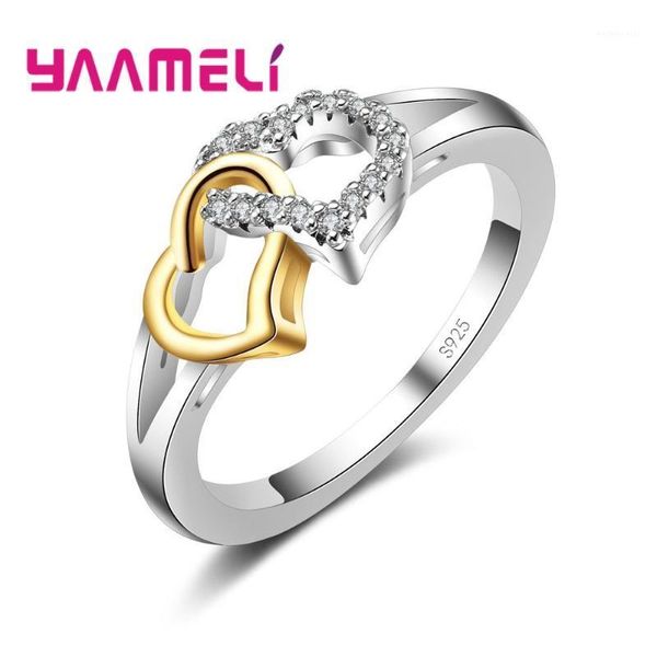 Anelli a grappolo Donne da sposa Vero argento sterling 925 Due cuori Collegare il dito Gioielli in cristallo di zirconi cubici duri per la cerimonia nuziale1