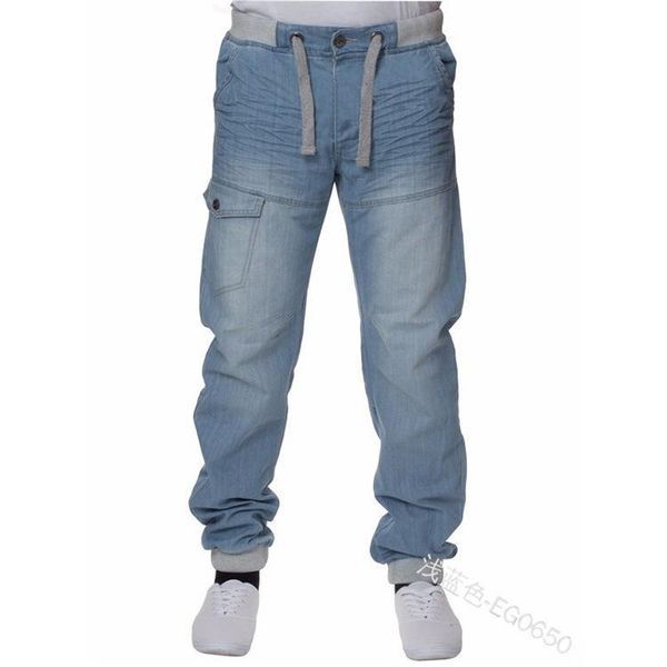 

men's jeans autumn winter mid-waist solid color fashion loose casual drawstring patchwork pocket denim straight pants streetwear, Blue