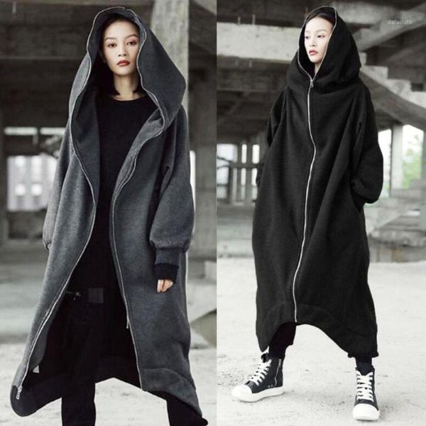 

women oversized hooded long sleeve zipper maxi loose hoodies sweatshirt coat1, Black