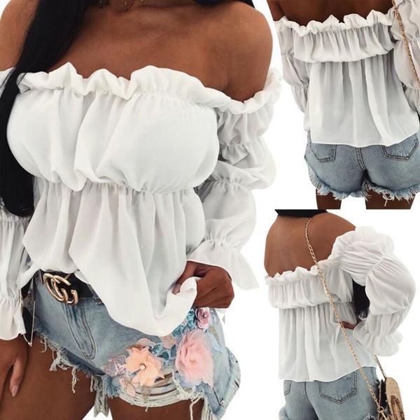 

women summer long-sleeved pullover korean wild solid color boat neckline t-shirt1, White