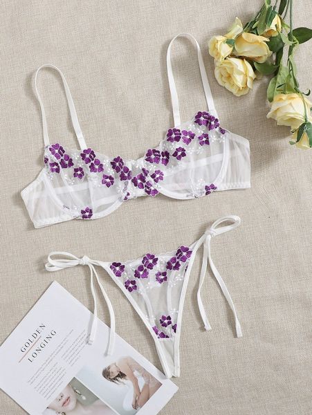 

plus embroidered mesh underwire lingerie set n46h#, Black;white