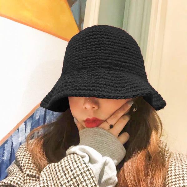 

bucket hat women's autumn winter korean warm knitted wool hat british all-match basin harajuku knit bucket, Blue;gray