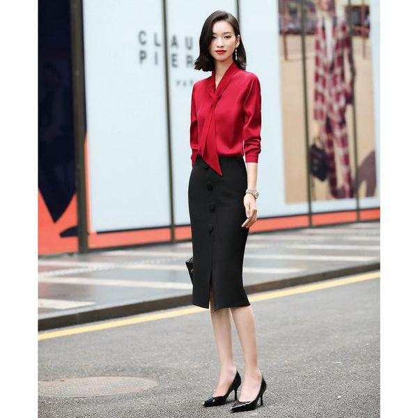 

2020 новая осень элегантный насыщенный белый красный женский блуза с длинным рукавом управление леди рубашки формальные tops плюс размер оде, White