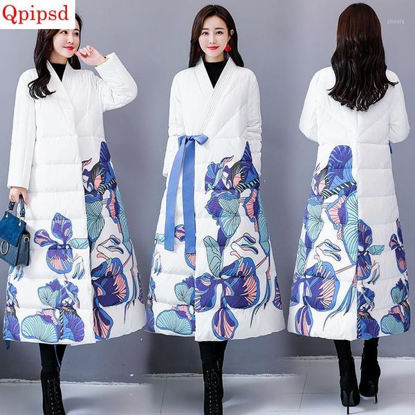 

long winter down parkas 2018 fashion vintage print down jacket coat female thicken warm parkas womens temperament slim coat1, Black