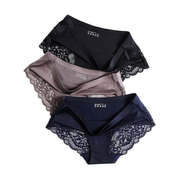 

women lace seamless briefs one-piece luxury nylon silk panties cotton crotch breathable lingerie female underwear mid-rise, Black;pink
