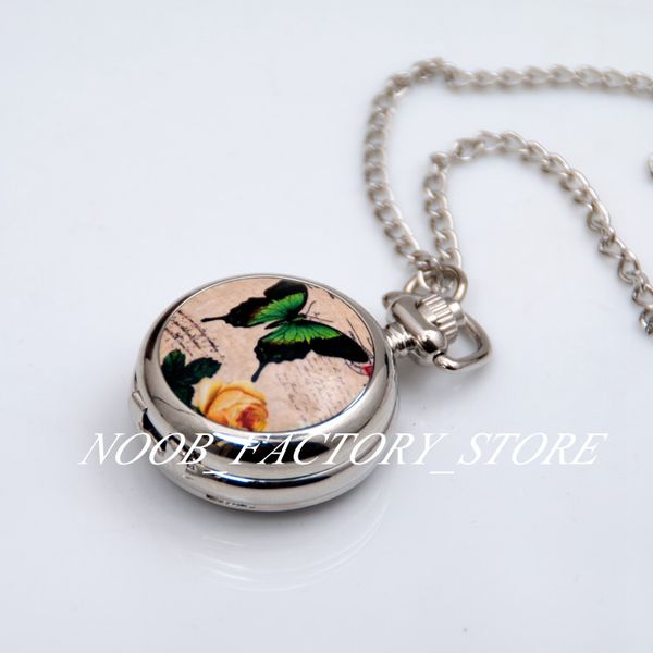 

new quartz vintage enamel butterfly 4 pocket watch necklace jewelry wholesale fashion sweater chain hanging watch bronze color steel bezel, Slivery;golden