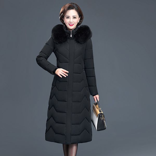 

2021 newx-long woman hooded slim office winter jacket women with fur collar cotton padded thick coat ladies r0b5, Black