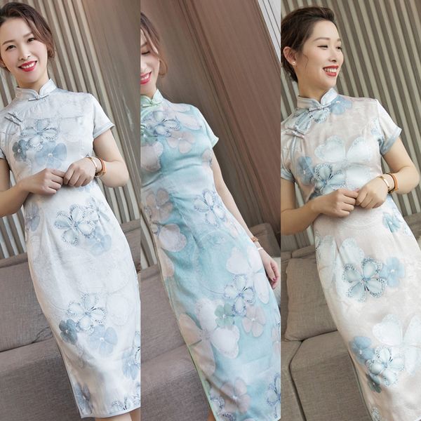 

2020 new imitation silk herringbone pattern medium long belt lining double layer flowers slim and elegant simulation daily performance tempe, Black;gray