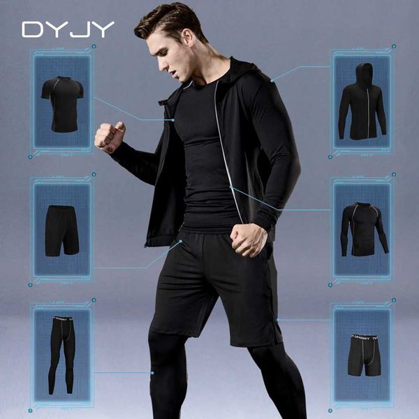 

dyjy 6 pcs/set sports tracksuit men compression suit gym fitness clothes running set jogging training workout sport wear, Black;blue