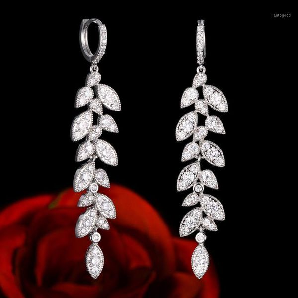 

dangle & chandelier janekelly leaf drop flower full micro cubic zirconia paved naija wedding party earring fashion jewelry for women1, Silver