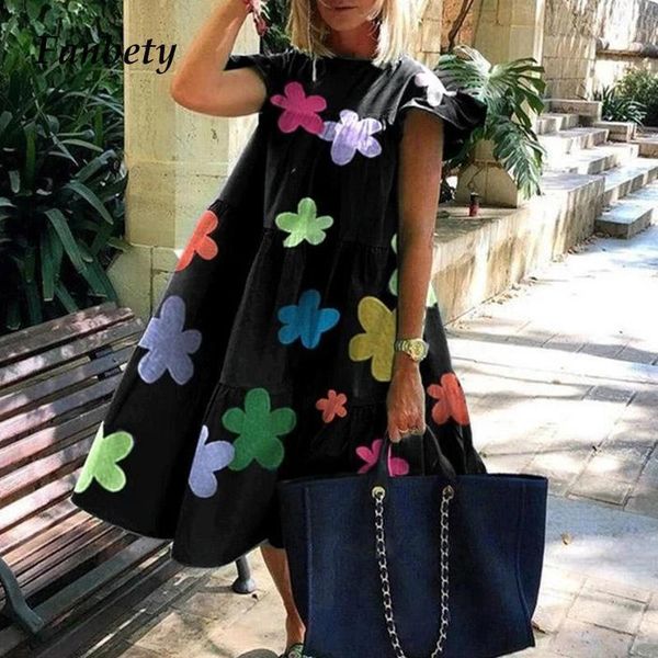

women vintage floral print loose a-line dress 2xl elegant casual o-neck short sleeve dress 2020 summer lady party vestidos1, Black;gray