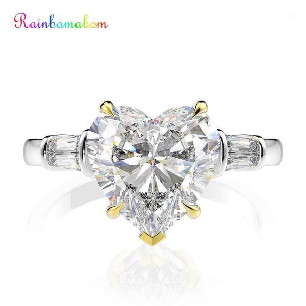 

rainbamabom 925 sterling silver heart created moissanite sapphire ruby gemstone wedding engagement ring fine jewelry wholesale1, Golden;silver
