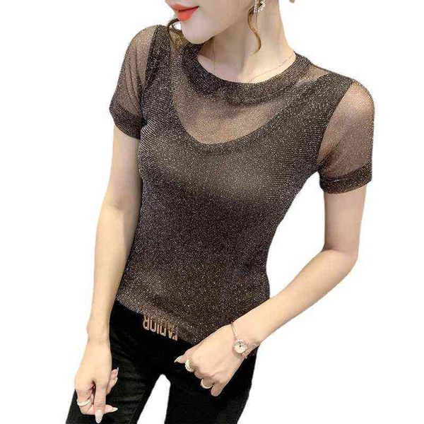 

2021 mesh women's summer fashion slim t-shirt korean version short sleeve, Red;black