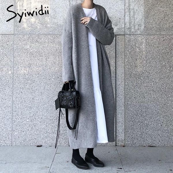 

syiwidii new long cardigan women elegant ladies loose ribbed knitted oversize sweaters fashion long coat 2020 autumn and winter1, White