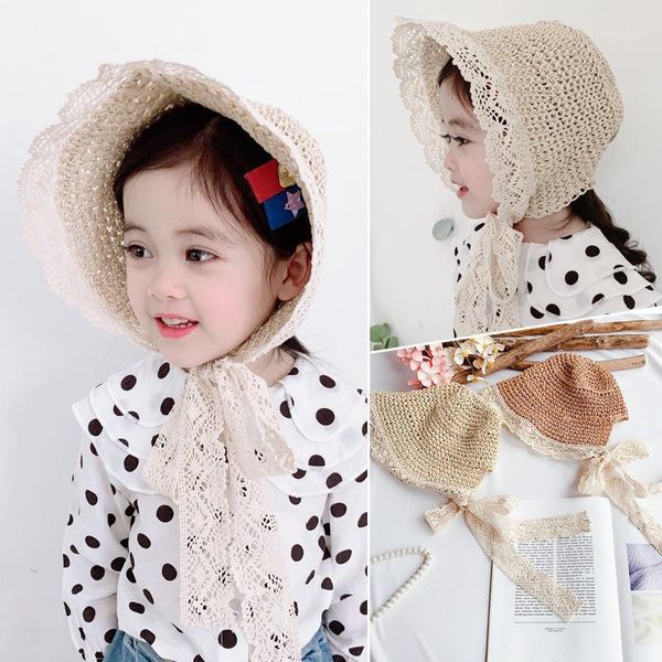 

wide brim hats summer children's sun hat bucket cap beige lace bowknot flowers ribbon flat straw beach caps panama seaside1, Blue;gray
