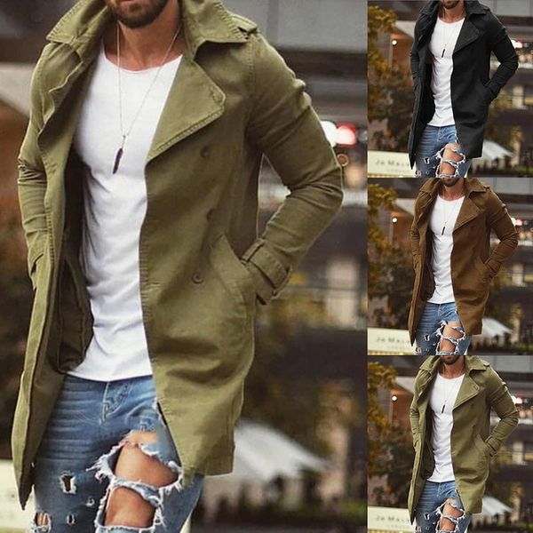 

men new autumn trench coat jacket slim fit plus size black outwear business long windproof overcoat jackets windbreaker, Tan;black
