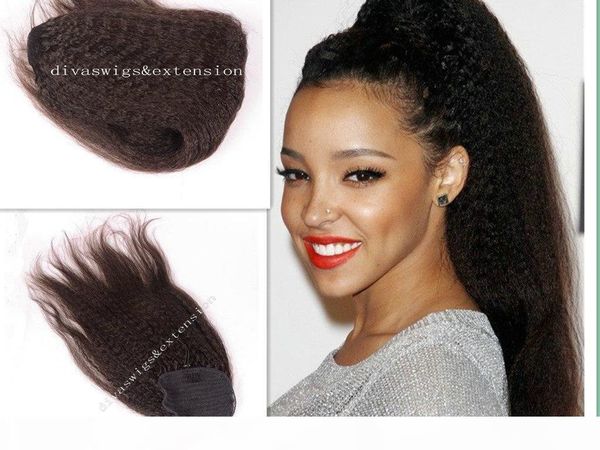 

kinky straight human hair ponytail virgin brazilian coarse yaki straight clip drawstring natural hair ponytails natural blow out 100g-160g, Black