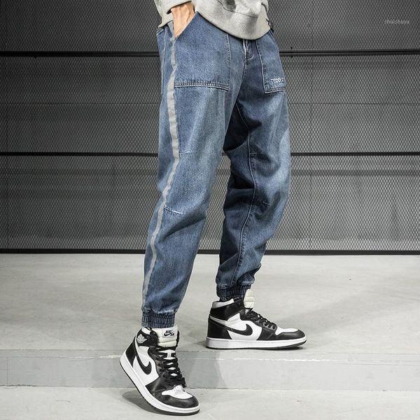 

fashion streetwear men jeans blue spliced designer slack bottom cargo pants harem jeans side stripe hip hop joggers men1
