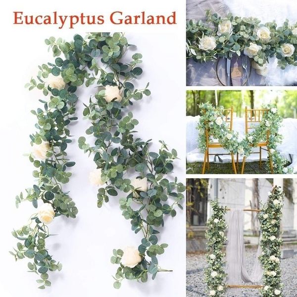 

eucalyptus garland with rose flowers artificial vines faux silk greenery wedding backdrop arch wall decor for home dinning table1
