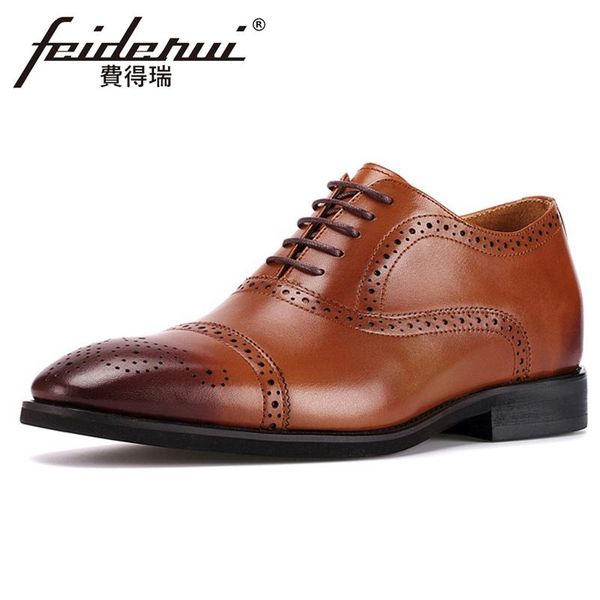 

summer genuine leather men's oxfords pointed toe lace man breathable flats height increase 6cm heels semi brogues shoes mlt27, Black